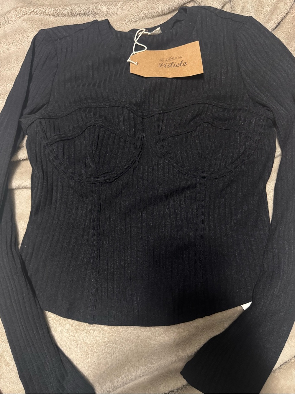 Listicle Black Ribbed Long Sleeve Bustier Knit Top